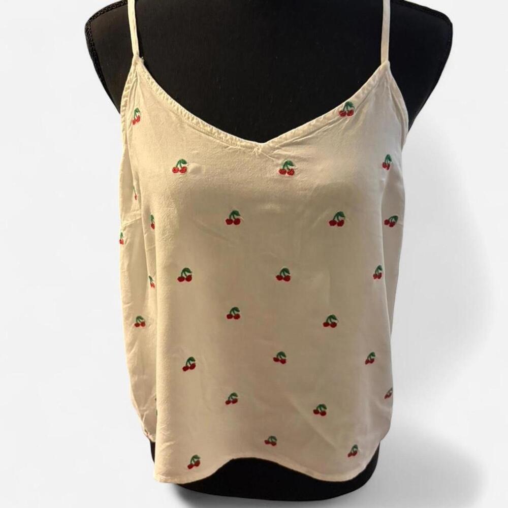 Women's Cream Cherry Print Spaghetti Tank Top